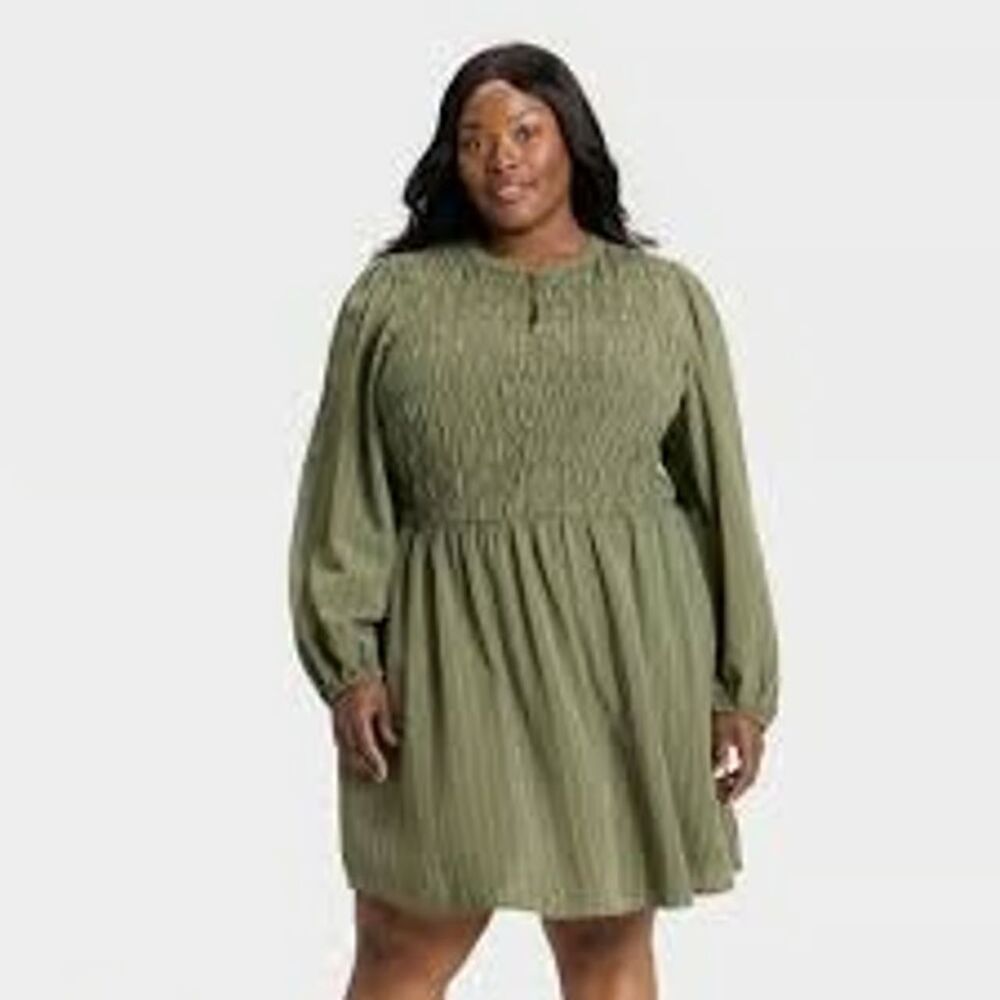 Ava & Viv Bishop Long Sleeve Button-Up Smocked Mini Dress - Womens XXL (18) NEW